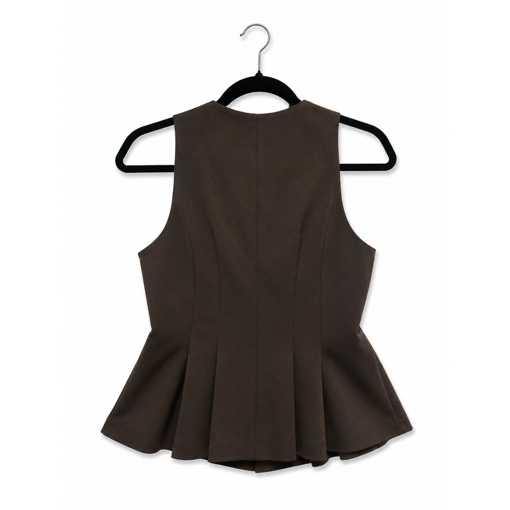 Zara Brown Sleeveless Peplum Top Gold Buttons Pleated Blouse Womens Medium - Picture 2 of 3